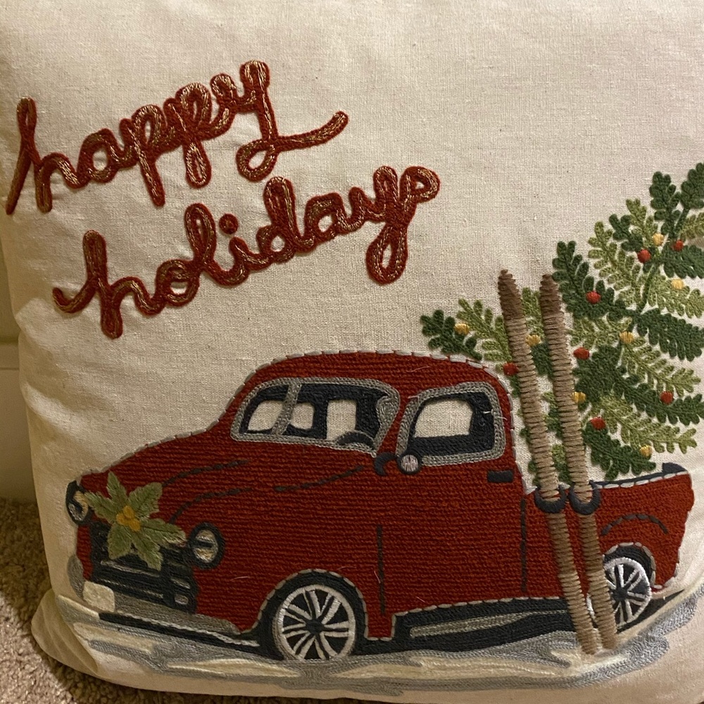 COPY - Happy Holidays Pillow embroidered Red Truck & Tree